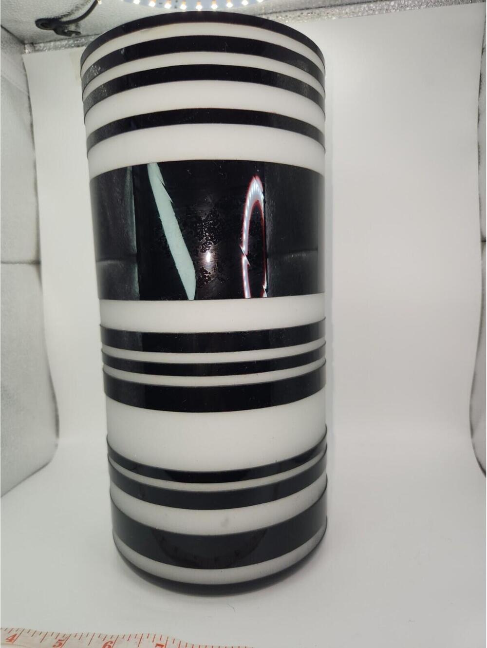 Art Glass Vase Black and White Cut Horizontal Stripes Cylinder 6x12 inch